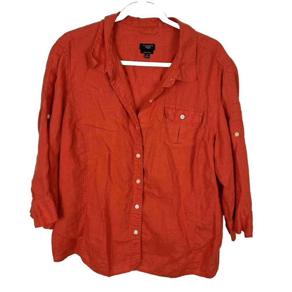 TALBOTS Womens 2X Orange Roll Tab Sleeve 100% Pure Irish Linen Button Front Top